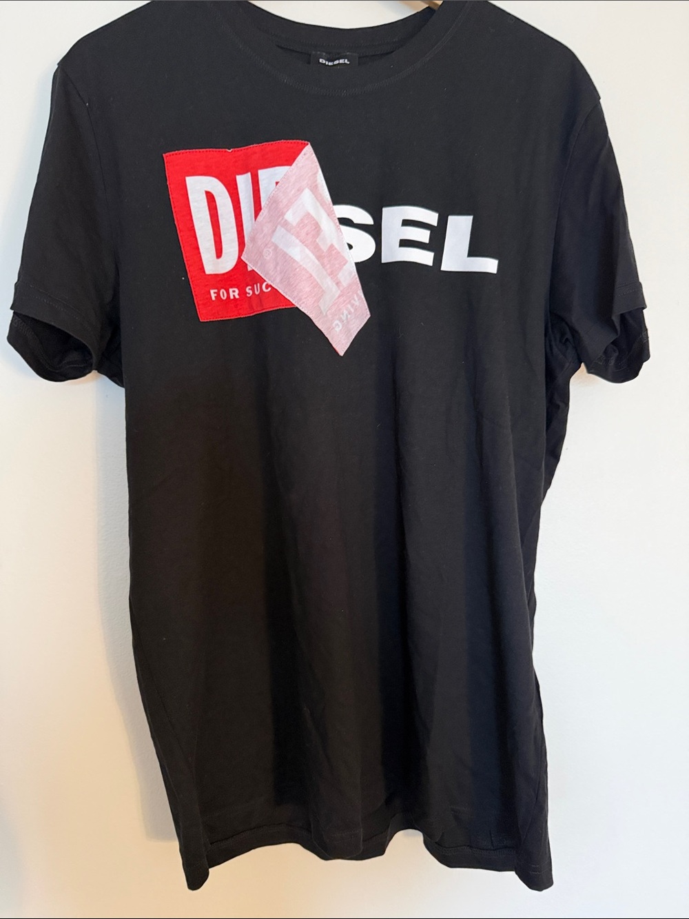 Diesel Black Short-Sleeve Logo Tee with Red & White Graphic